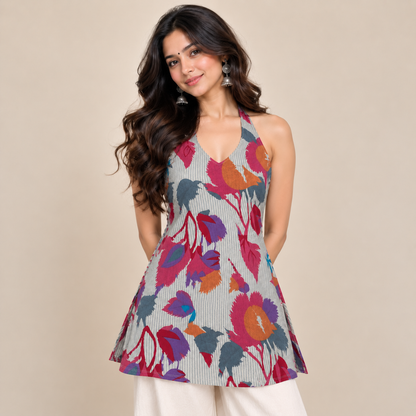 Floral Pinstriped- Halter Neck Kurti