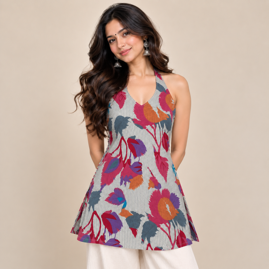 Floral Pinstriped- Halter Neck Kurti