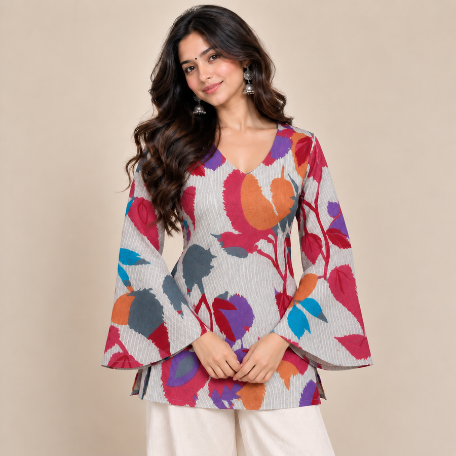 Floral Pinstriped- Bell Sleeve Kurti