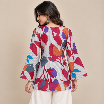 Floral Pinstriped- Bell Sleeve Kurti