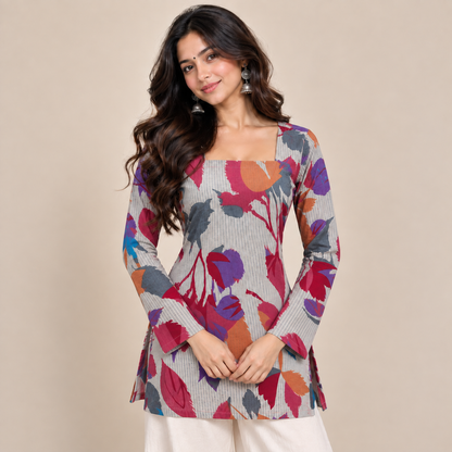 Floral Pinstriped Square-Neck Kurti