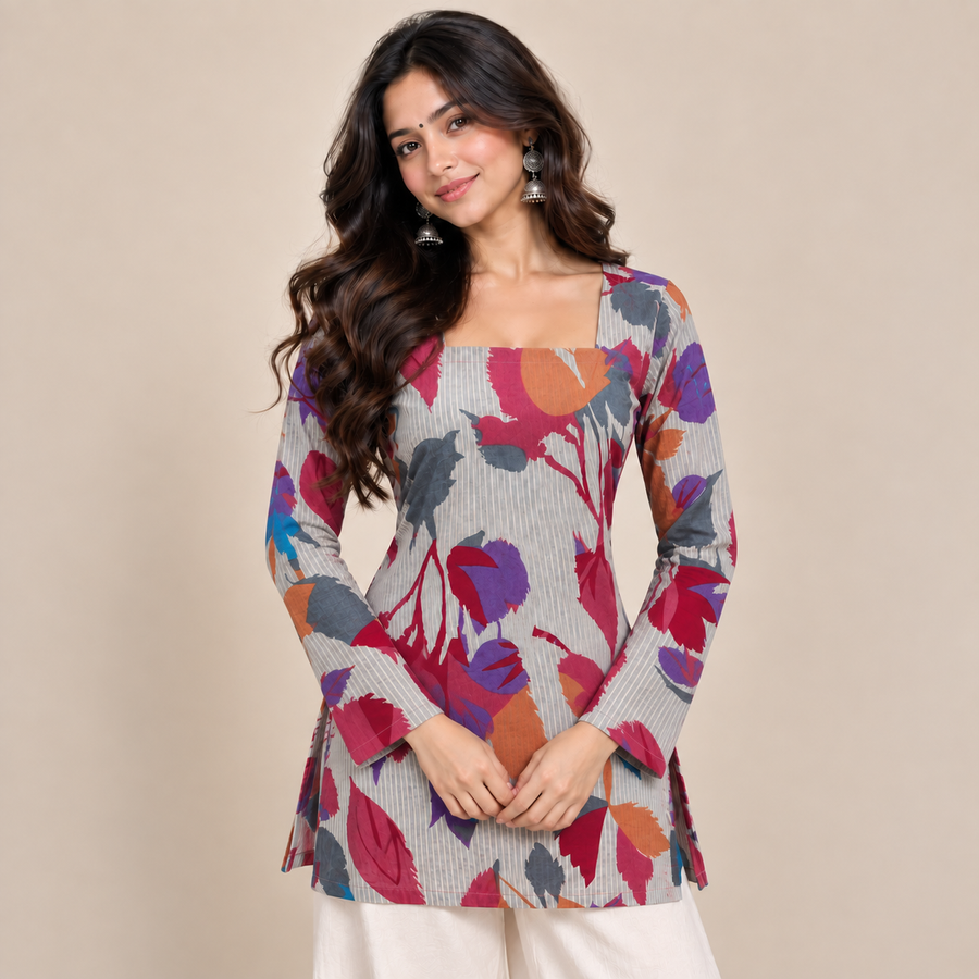 Floral Pinstriped Square-Neck Kurti