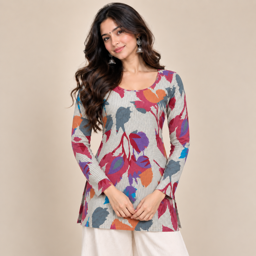 Floral Pinstriped Boat-Neck Kurti