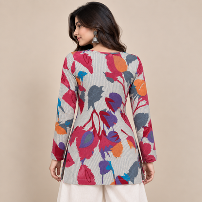 Floral Pinstriped Boat-Neck Kurti