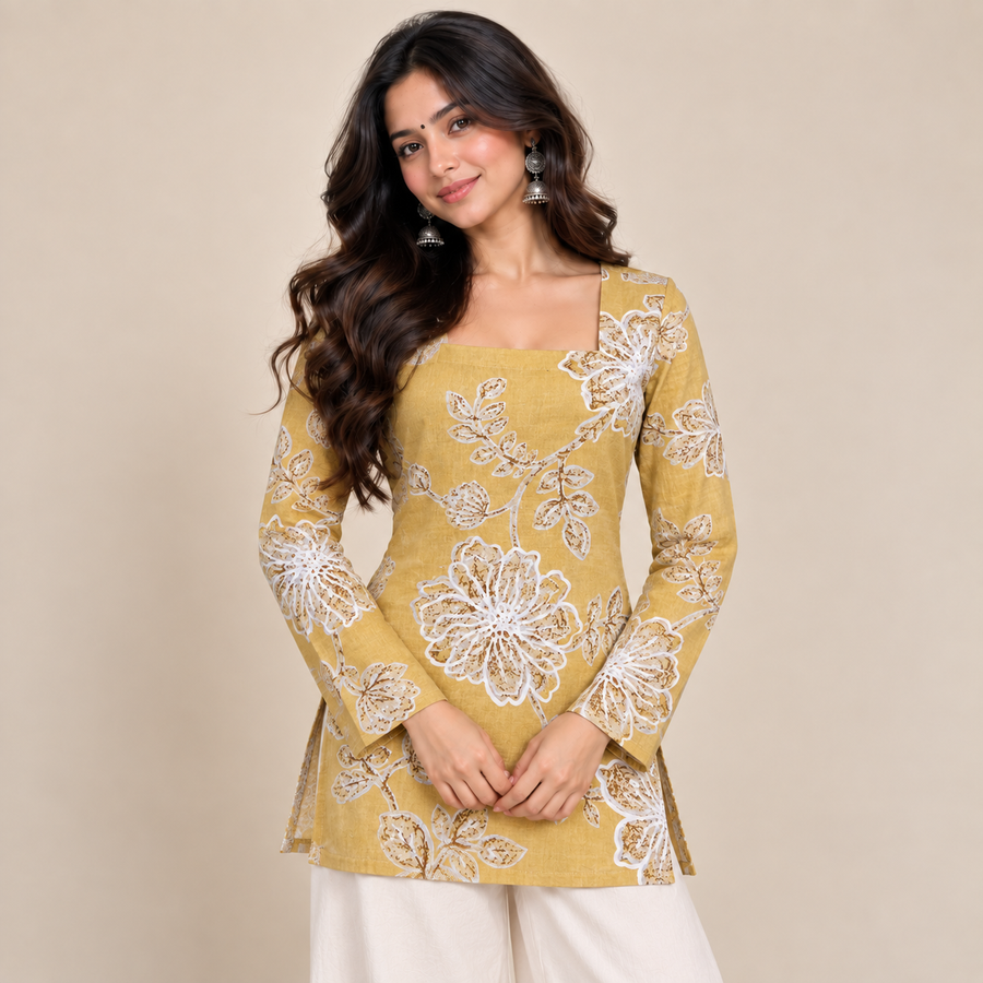 Mustard Floral- Square Neck Kurti