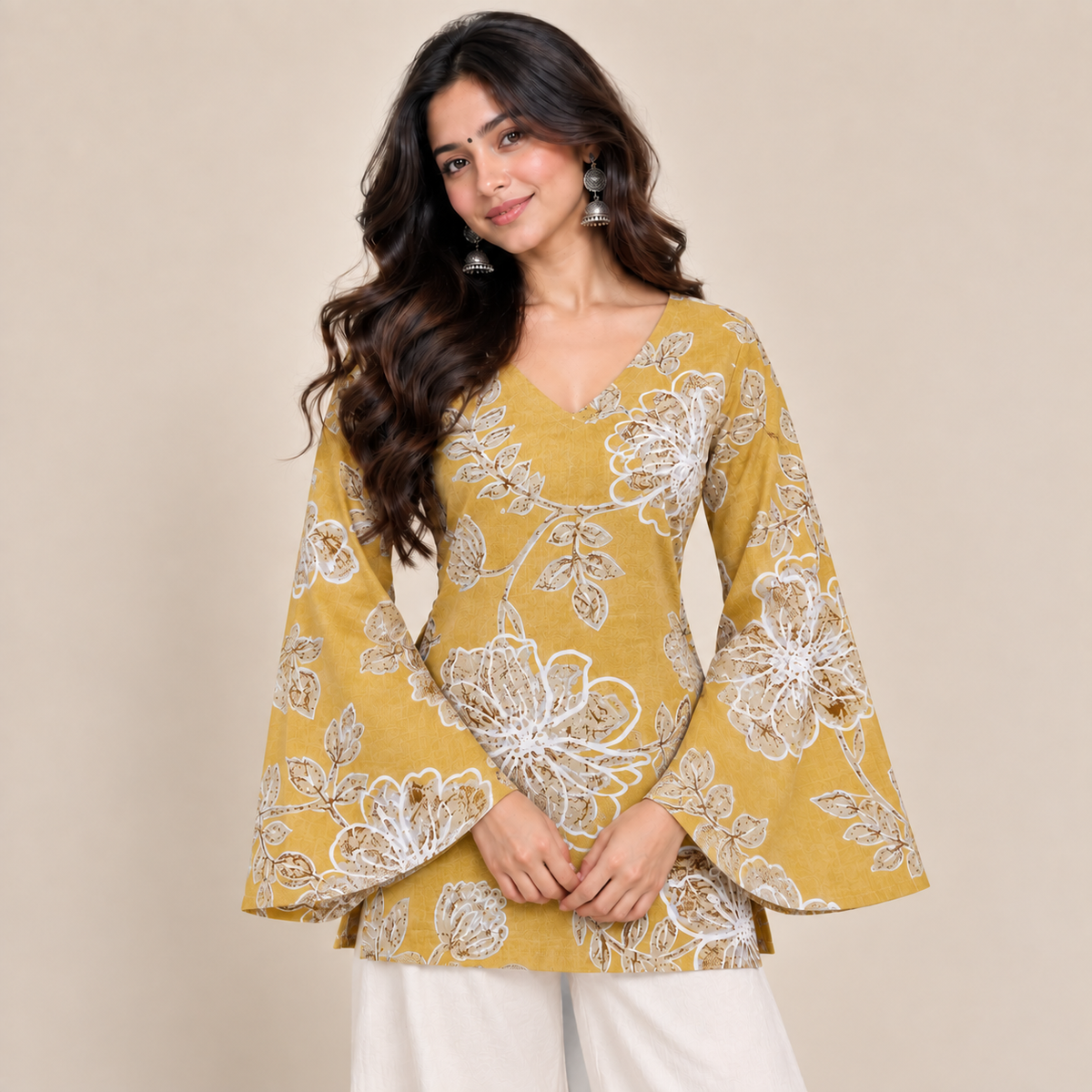 Mustard Floral- Bell Sleeve Kurti