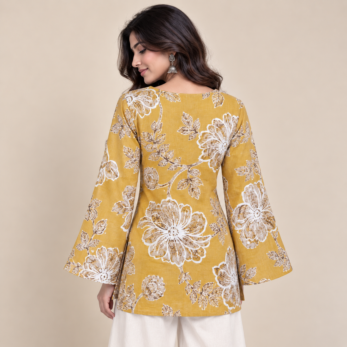 Mustard Floral- Bell Sleeve Kurti