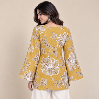 Mustard Floral- Bell Sleeve Kurti