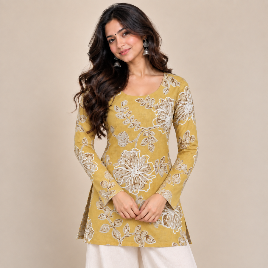 Mustard Floral- Boat Neck Kurti
