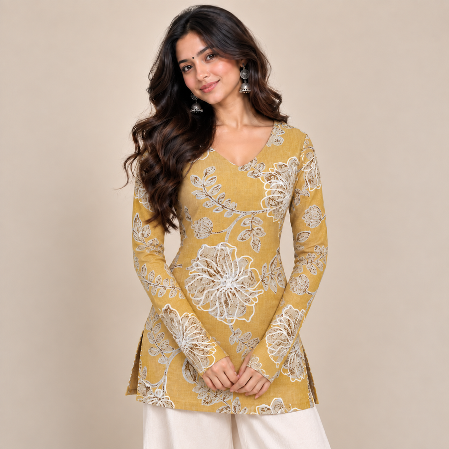 Mustard Floral- Straight Sleeve Kurti