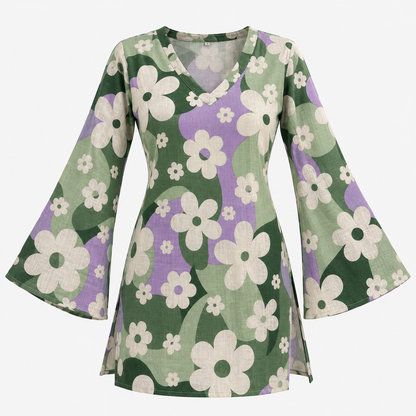 Retro Floral Bell-Sleeve Kurti