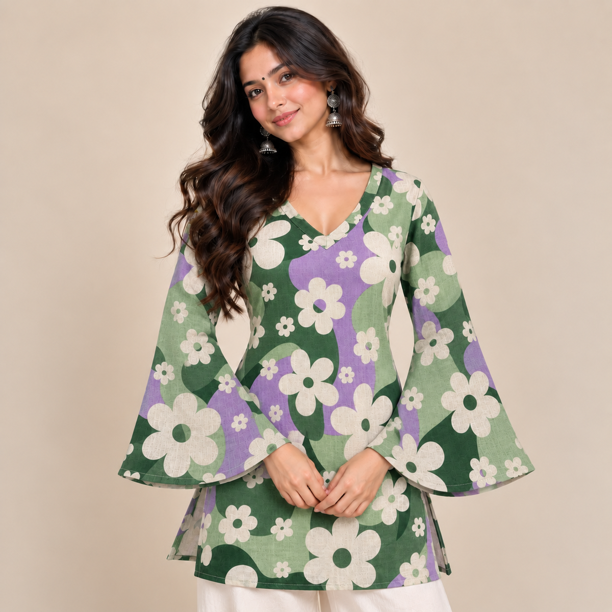 Retro Floral Bell-Sleeve Kurti