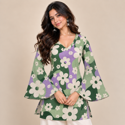 Retro Floral Bell-Sleeve Kurti