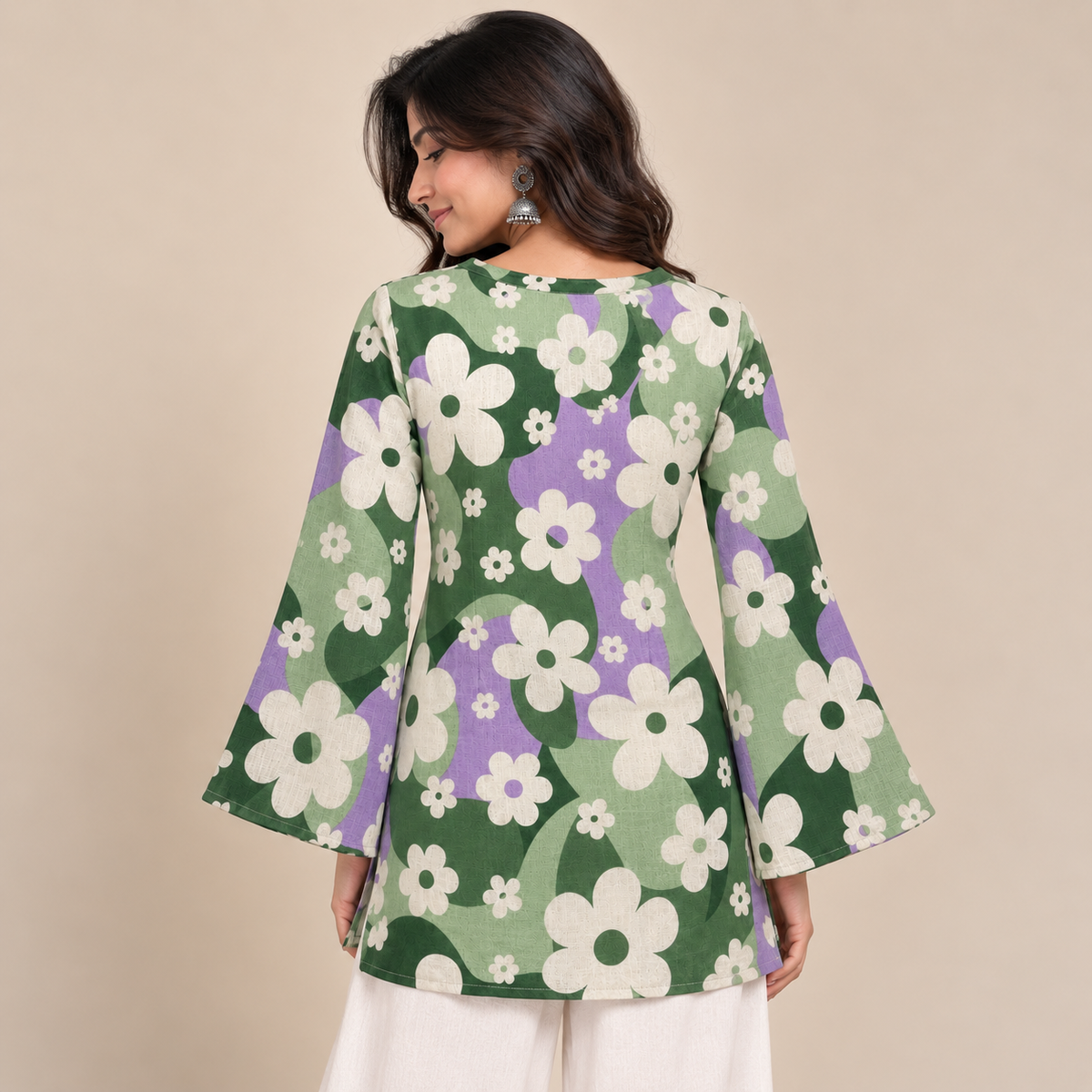 Retro Floral Bell-Sleeve Kurti