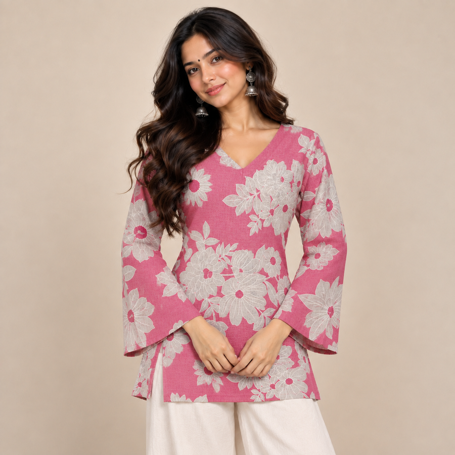 Pink Floral Bell-Sleeve kurti