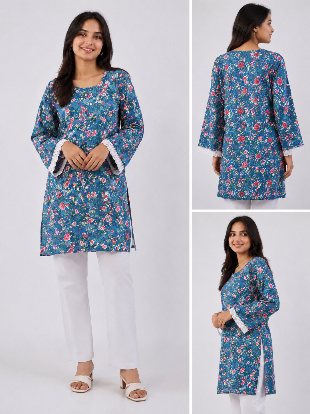 Blue Floral Cotton Kurti