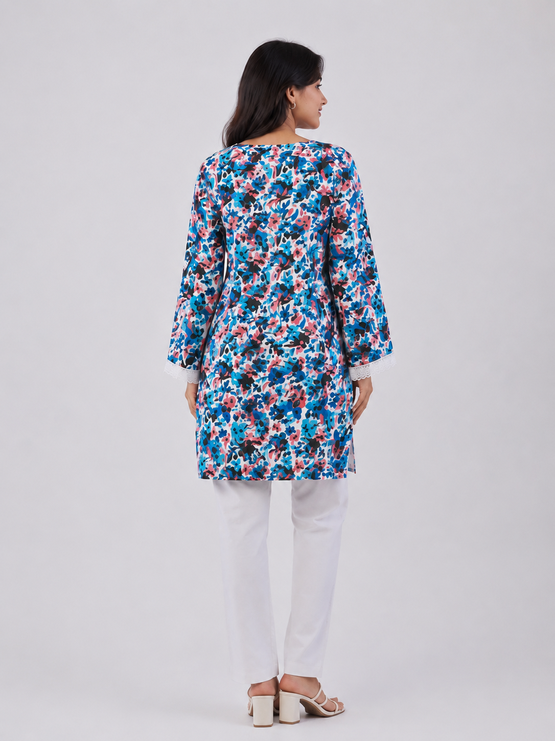 Blue & Pink Floral Print Kurti
