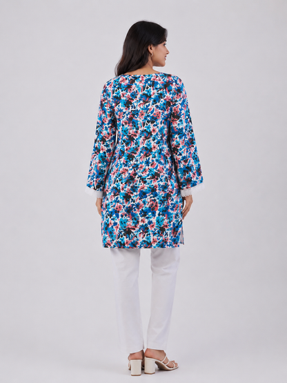 Blue & Pink Floral Print Kurti