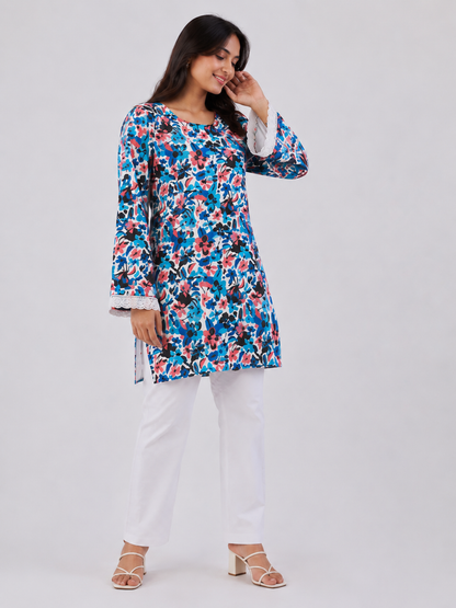 Blue & Pink Floral Print Kurti