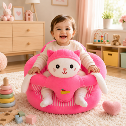 Child sitting in a pink cat-shaped chair in a room with toys and furniture.