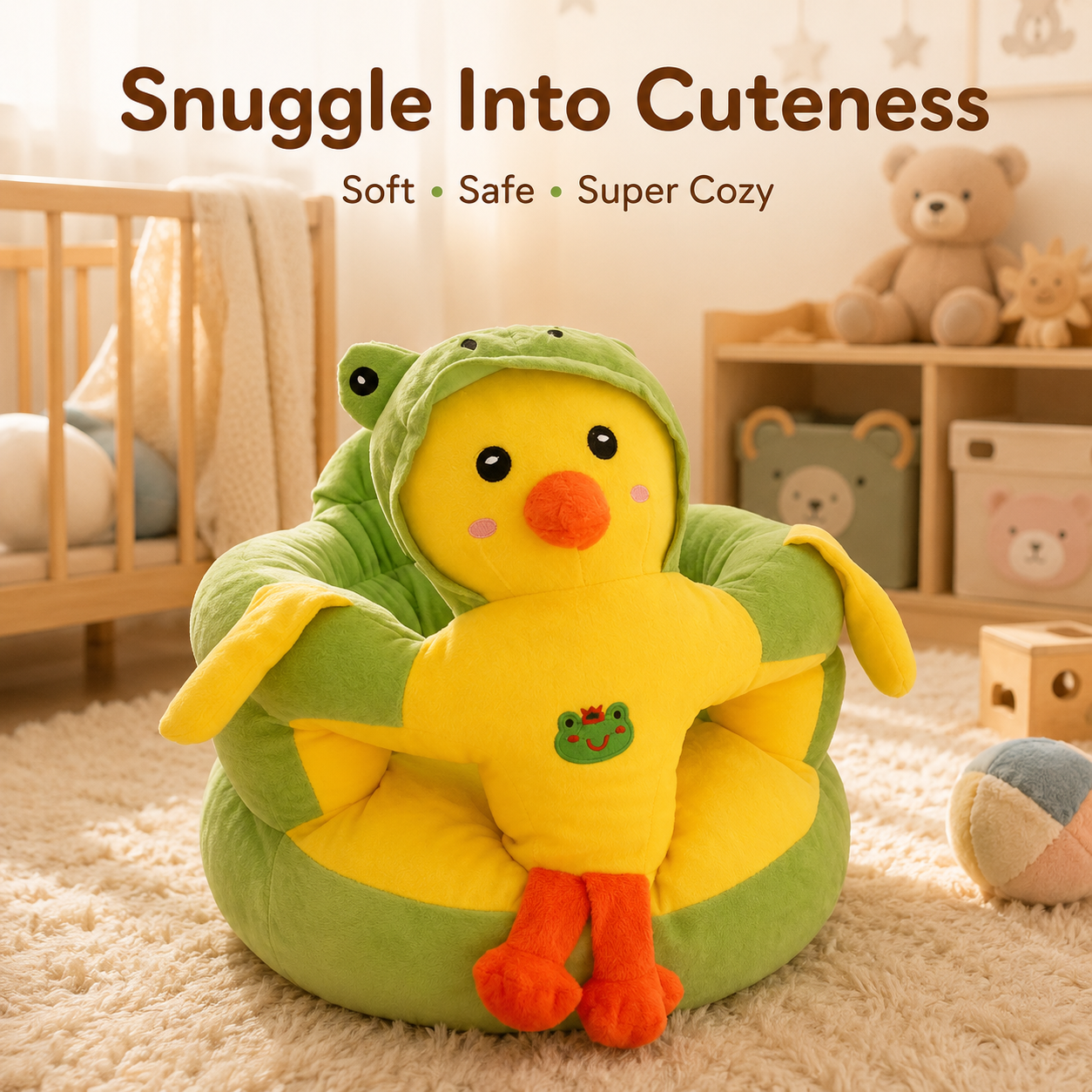 Children's plush chair with duck design in a nursery setting