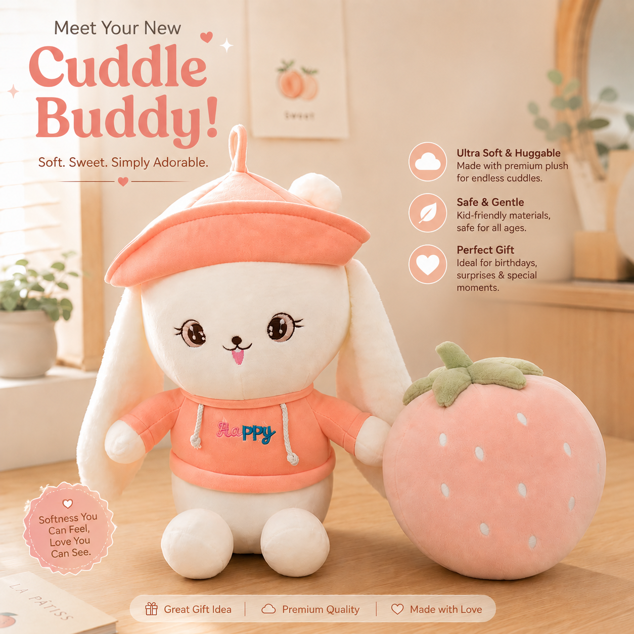 Cuddle buddy plush toy with peach-shaped pillow on a wooden surface