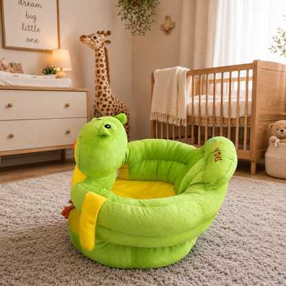 Green baby seat with snake design in a nursery setting