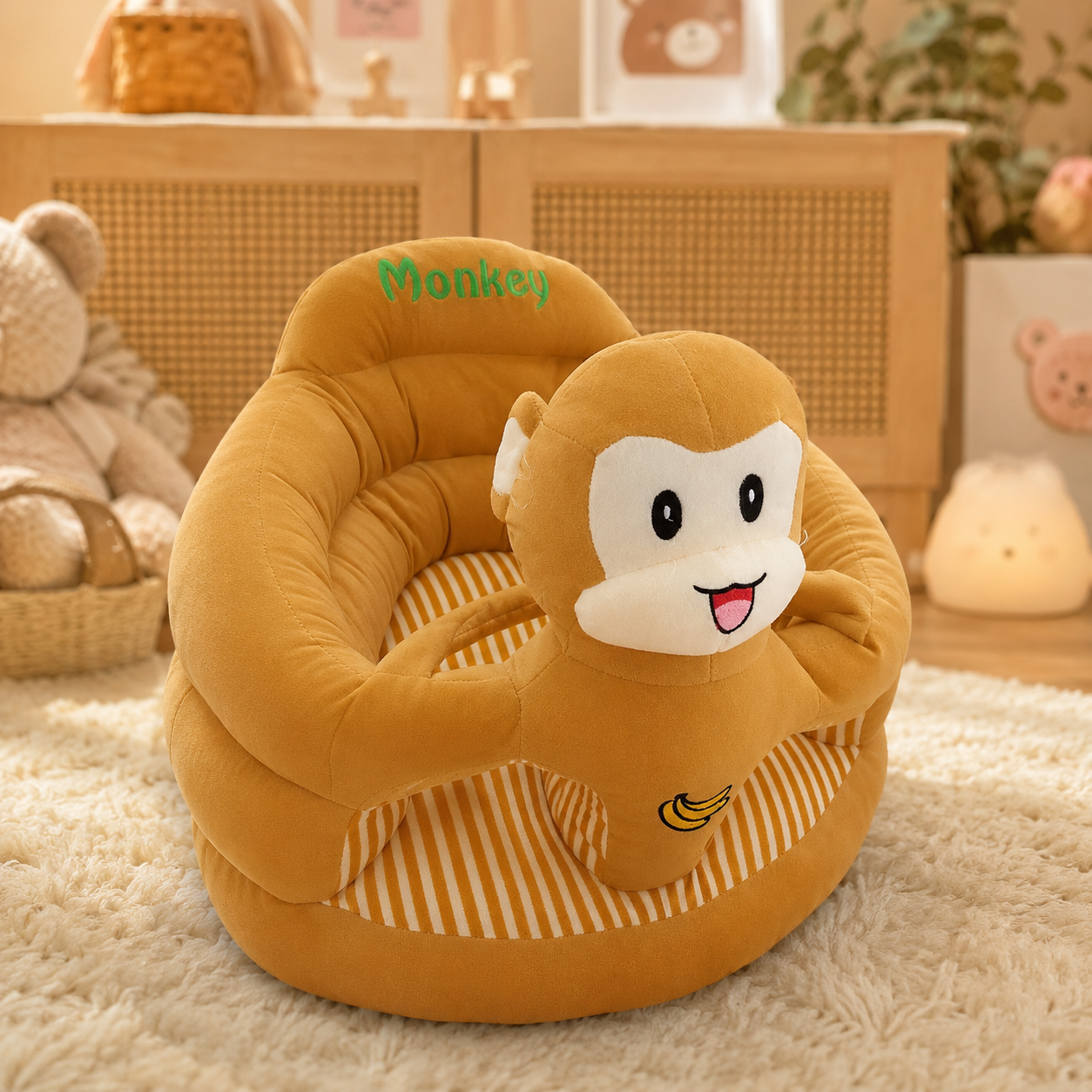 Monkey-shaped children's seat with 'Monkey' text on a soft surface.