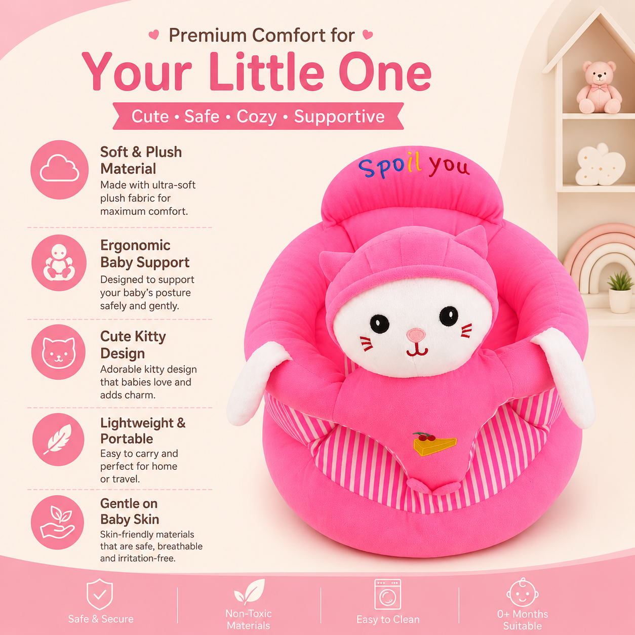 Pink baby seat with cat design and features listed on a white background