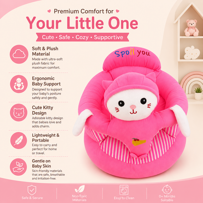 Pink baby seat with cat design and features listed on a white background