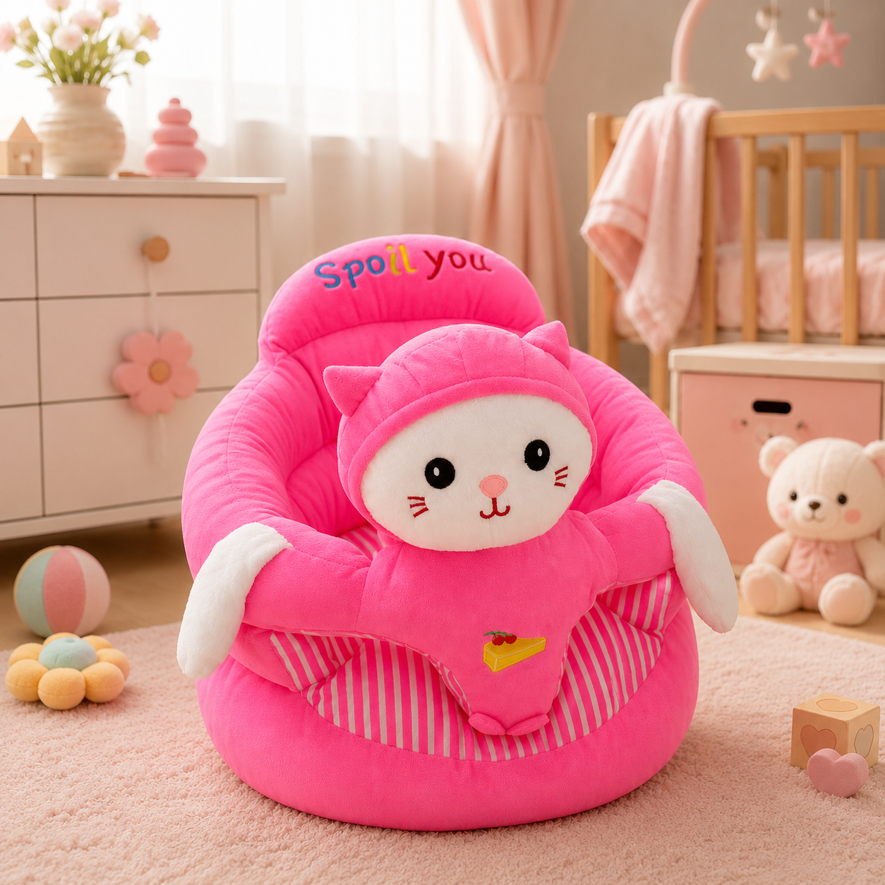 Pink cartoon chair in a child's room with toys and furniture.
