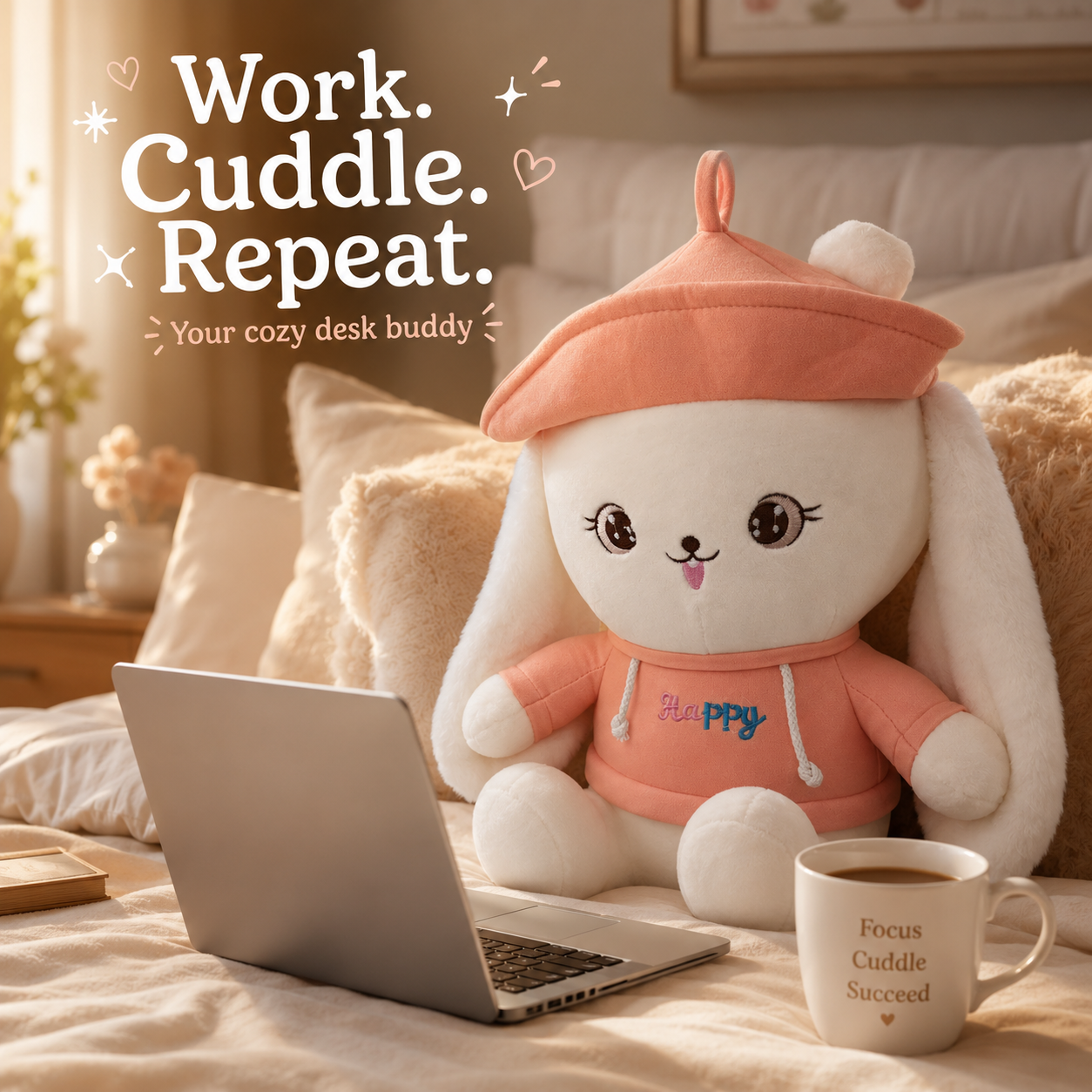 Plush toy in an orange hoodie sitting on a bed next to a laptop and coffee cup with text 'Work. Cuddle. Repeat.'