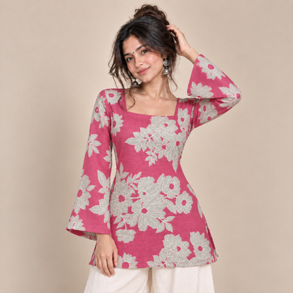 Pink Floral- Corset Back Kurti